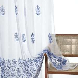 Block Design Style Blue Embroidery White Sheer Curtain