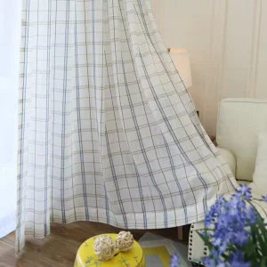 Check Design Embroidered Simple Linen Sheer Curtain
