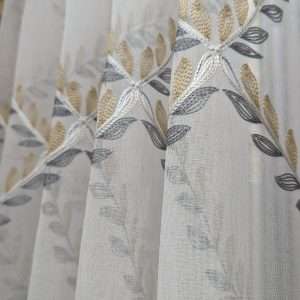 Grey Golden Leaf Cross Design Embroidered Sheer Curtain